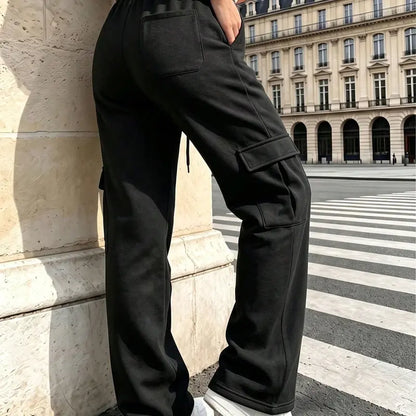 Women's Autumn/Winter Wide-Leg Cargo Sweatpants with Drawstring Waist and Multiple Pockets - Casual Athletic Trousers for Everyday Comfort