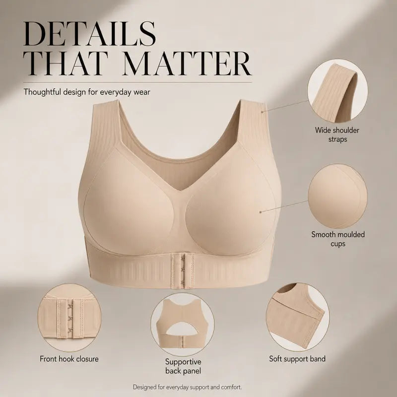 EXKIA Women's Beige Basic Postural Correction Sports Bra - Wireless, Soft, Breathable, Lightweight with Non-Removable Moulded Cups and Tie Back for Gym and Daily Training, Sohochic