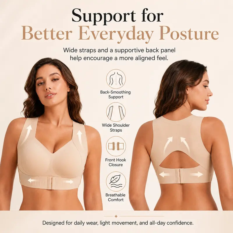 EXKIA Women's Beige Basic Postural Correction Sports Bra - Wireless, Soft, Breathable, Lightweight with Non-Removable Moulded Cups and Tie Back for Gym and Daily Training, Sohochic