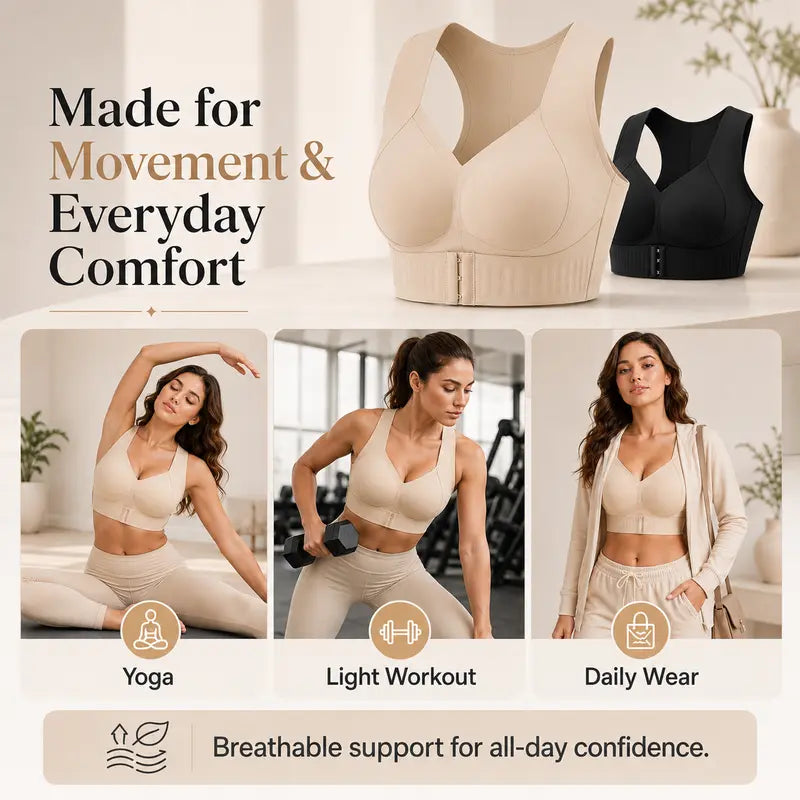 EXKIA Women's Beige Basic Postural Correction Sports Bra - Wireless, Soft, Breathable, Lightweight with Non-Removable Moulded Cups and Tie Back for Gym and Daily Training, Sohochic