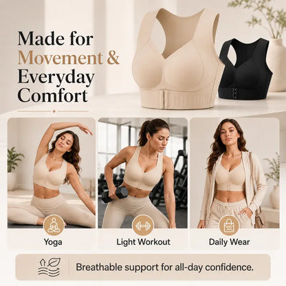 EXKIA Women's Beige Basic Postural Correction Sports Bra - Wireless, Soft, Breathable, Lightweight with Non-Removable Moulded Cups and Tie Back for Gym and Daily Training, Sohochic