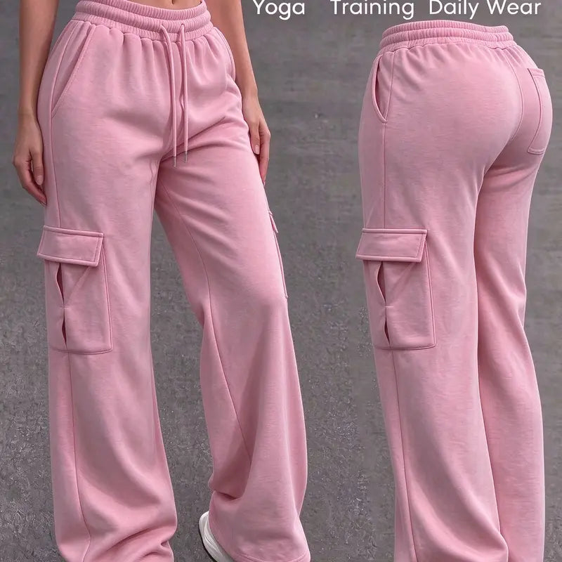 Women's Autumn/Winter Wide-Leg Cargo Sweatpants with Drawstring Waist and Multiple Pockets - Casual Athletic Trousers for Everyday Comfort