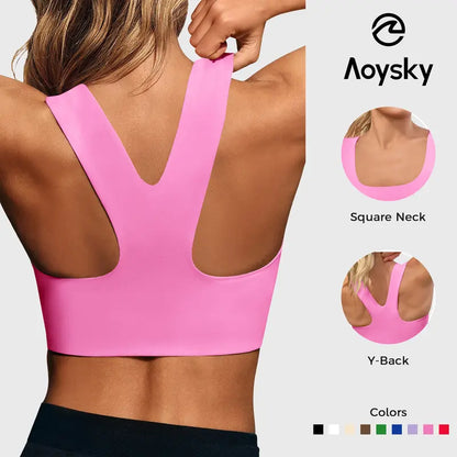 Aoysky Women's Fitted Buttery Soft Square Neck Padded Seamless Longline Sports Bra - Ideal for Yoga, Running, and Gym Workouts
