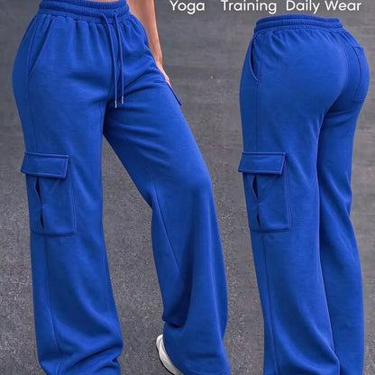 Women's Autumn/Winter Wide-Leg Cargo Sweatpants with Drawstring Waist and Multiple Pockets - Casual Athletic Trousers for Everyday Comfort