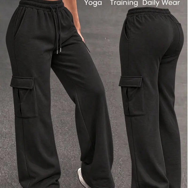 Women's Autumn/Winter Wide-Leg Cargo Sweatpants with Drawstring Waist and Multiple Pockets - Casual Athletic Trousers for Everyday Comfort