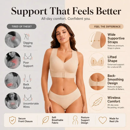 EXKIA Women's Beige Basic Postural Correction Sports Bra - Wireless, Soft, Breathable, Lightweight with Non-Removable Moulded Cups and Tie Back for Gym and Daily Training, Sohochic