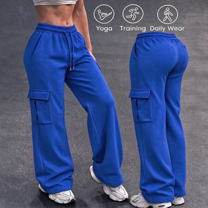 Women's Autumn/Winter Wide-Leg Cargo Sweatpants with Drawstring Waist and Multiple Pockets - Casual Athletic Trousers for Everyday Comfort