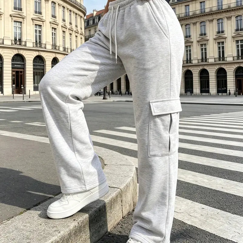 Women's Autumn/Winter Wide-Leg Cargo Sweatpants with Drawstring Waist and Multiple Pockets - Casual Athletic Trousers for Everyday Comfort