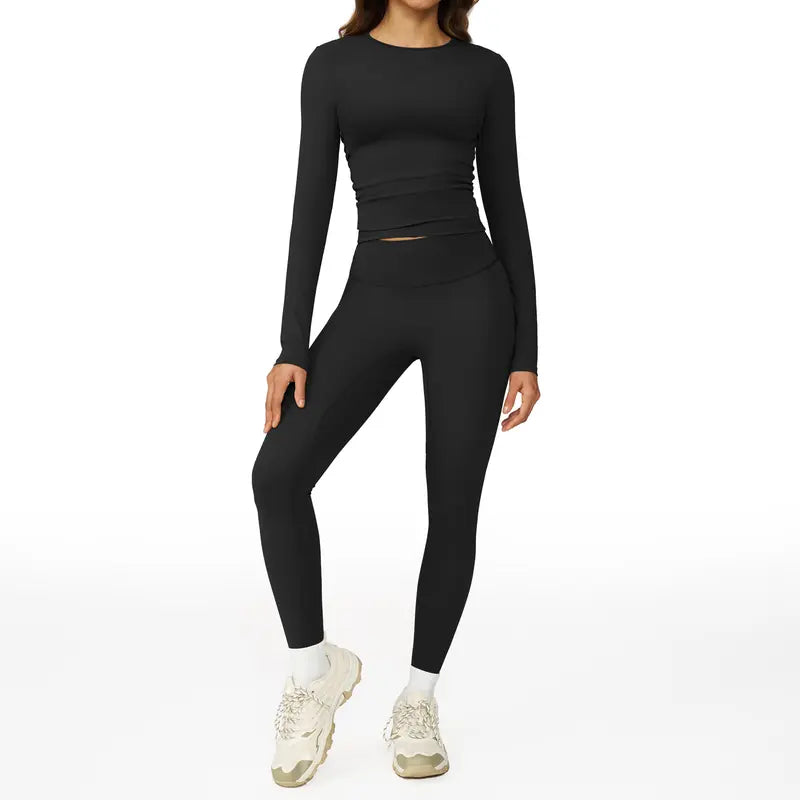 Tenwolf Women's Autumn Two-Piece Activewear Set with Fitted Top and High-Waisted Shorts/Pants; Shaping, Tummy Control, Breathable, Quick-Dry, Stretchy Sportswear for Yoga, Pilates, Workouts, and Casual Wear.