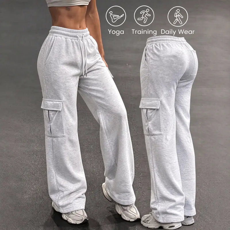 Women's Autumn/Winter Wide-Leg Cargo Sweatpants with Drawstring Waist and Multiple Pockets - Casual Athletic Trousers for Everyday Comfort