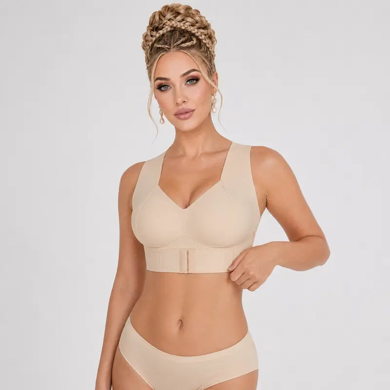 EXKIA Women's Beige Basic Postural Correction Sports Bra - Wireless, Soft, Breathable, Lightweight with Non-Removable Moulded Cups and Tie Back for Gym and Daily Training, Sohochic