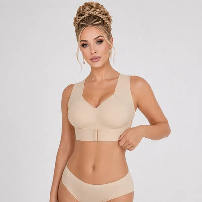 EXKIA Women's Beige Basic Postural Correction Sports Bra - Wireless, Soft, Breathable, Lightweight with Non-Removable Moulded Cups and Tie Back for Gym and Daily Training, Sohochic