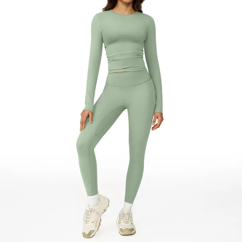 Tenwolf Women's Autumn Two-Piece Activewear Set with Fitted Top and High-Waisted Shorts/Pants; Shaping, Tummy Control, Breathable, Quick-Dry, Stretchy Sportswear for Yoga, Pilates, Workouts, and Casual Wear.