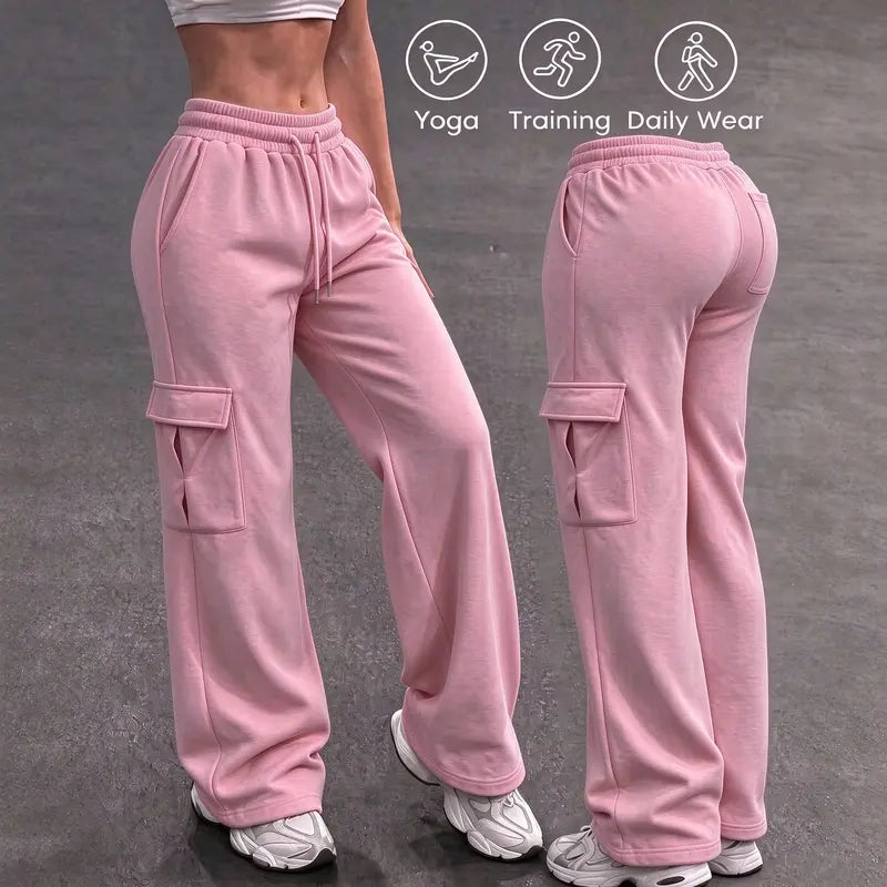 Women's Autumn/Winter Wide-Leg Cargo Sweatpants with Drawstring Waist and Multiple Pockets - Casual Athletic Trousers for Everyday Comfort