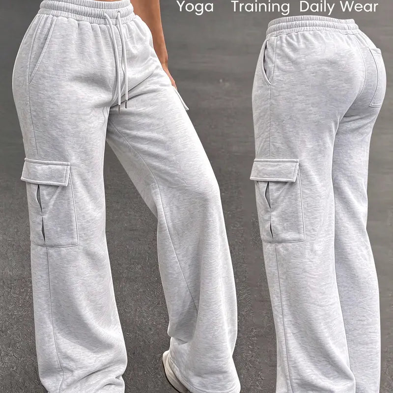 Women's Autumn/Winter Wide-Leg Cargo Sweatpants with Drawstring Waist and Multiple Pockets - Casual Athletic Trousers for Everyday Comfort