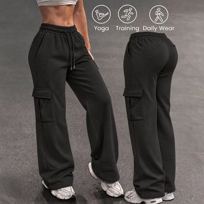 Women's Autumn/Winter Wide-Leg Cargo Sweatpants with Drawstring Waist and Multiple Pockets - Casual Athletic Trousers for Everyday Comfort